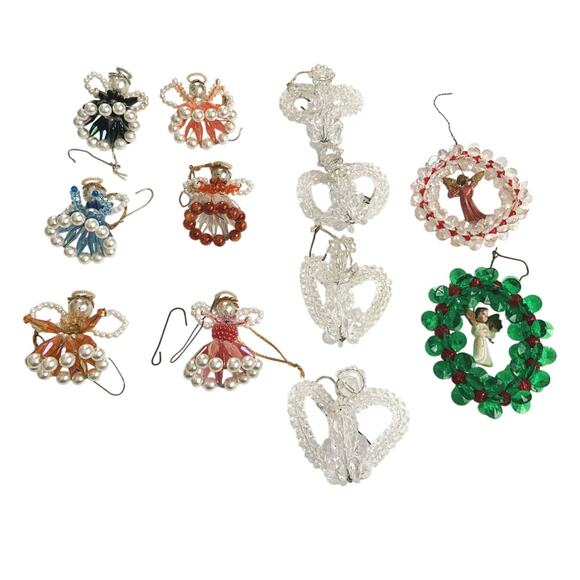 1960’s Lot Of 12 Handmade Beaded Christmas Ornaments Angels Wreaths